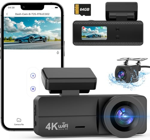 Dash Cam Auto 4K+1080P, Scheda 64GB Inserita, WiFi Telecamera per Auto, Super Dashcam con Visione Notturna, Modalità Parcheggio 24H, Sensore G, Dash Cam con Registrazione in Loop