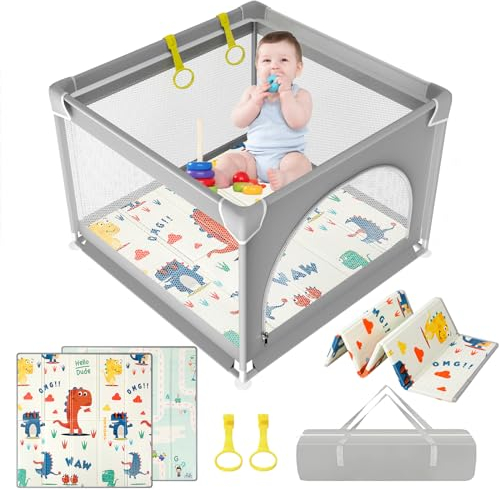 PERSEVERANCE 90x90cm Parque Infantil Bebe con Alfombra Bebe, Corralito Bebe con Acolchado Espuma y Malla Transpirable,Parque de Juegos Bebe Plegable con Colchon y Puerta Lateral,Playpen Bebe