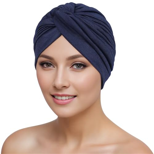 HPONEZJ Turban Damen Chemo Cap Baumwolle Kopfwickel Mütze Vorgebunden Knot Turbanhut Beanie Elastisch Headwraps Schlafhut Krebs Kappe Afrikanisch Muslim Kopftuch für Haarverlust Schlafen Dunkelblau