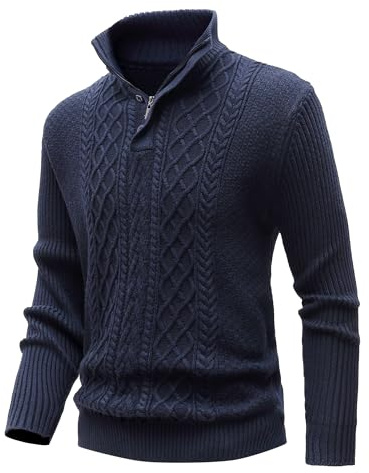 MeiLayM Maglione Uomo Invernale Collo Alto con Zip - Maglia a Costine Casual, Giacca in Pile a Maniche Lunghe, Tenere Caldo - Blu, XXL
