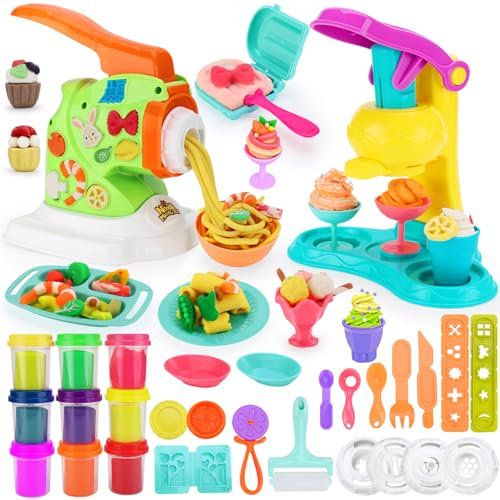 Crelloci 2-in-1 Play Color Dough Ice Cream Set with Noodle Maker, 38 Pcs Dough Set for Kids Ages 3-8, Pretend Play Kitchen Dough Accessories, Arts Crafts Play Food Toys for Kids 3+(9 Cans Dough)