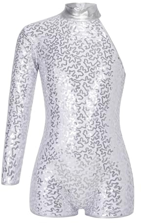Miaeowve Traje de ballet para niños y niñas, cuello alto, body de baile, una manga, maillot de baile con lentejuelas y piernas