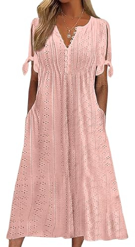 CheChury Vestido Casual de Mujer Verano Largo Playa Cuello en V Boho Bohemio Suelto A-Line con Bolsillos Manga Corta para Vacaciones Midi Elegante