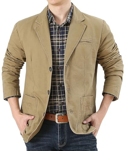 Generisch 2025 - Blazer de traje para hombre con cuello de solapa TRES botones, corte ajustado, ligero, manga larga, estilo vintage, abrigo deportivo mezcla de lana para hombre, caqui, L
