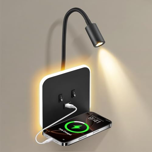 Lampada da parete a LED per interni, lampada da lettura a LED da comodino con interruttore, porta USB, vassoio, lampada da parete orientabile a 360°, lampada da lettura da comodino(A)