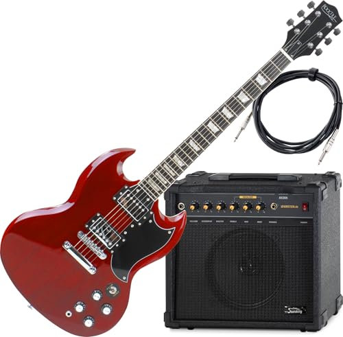 Rocktile Pro S-Red E-Gitarre Heritage Cherry AK30A Set – E-Gitarre mit Verstärker und Kabel – Humbucker Pickups - Korpus Linde, Hals Ahorn, Griffbrett Palisander - Finish Gloss - Anfänger Komplettset