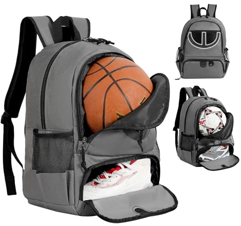 Basketball Bag Backpack for Men Women with Ball & Shoes Compartment 30L Capacity Lightweight Breathable Soccer Ball Bag Backpack Fit Volleyball Football Sports Travel Gym Gray ﻿