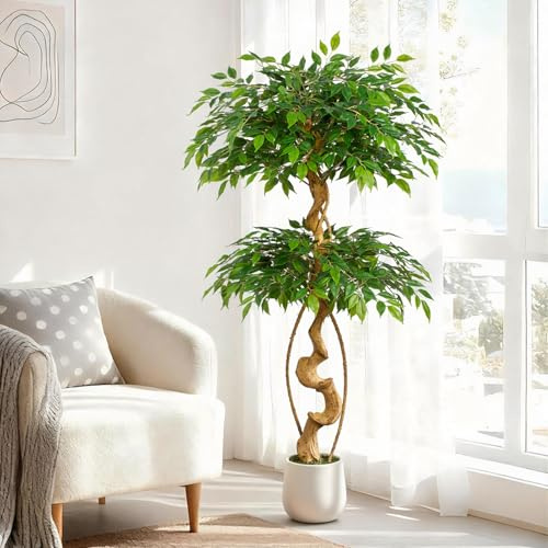 Keeplush Kunstpflanze Ficusbaum 150cm Mit Weiß Topf,Künstliche Pflanzen groß wie echt mit Gebogene Baumstamm und 1488 Blättern,Kunstbaum Für Innendekor Wohnzimmer Schlafzimmer Büro GartenHaus Decor