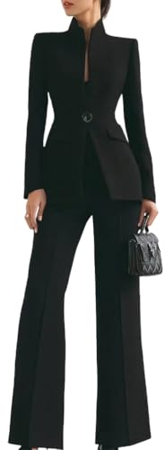 Minetom Tailleur Femme Ensemble Pantalon 2 Pièces Elegant Manche Longue Blazer Veste Formel Bureau Travail Costume Outfit A Noir S