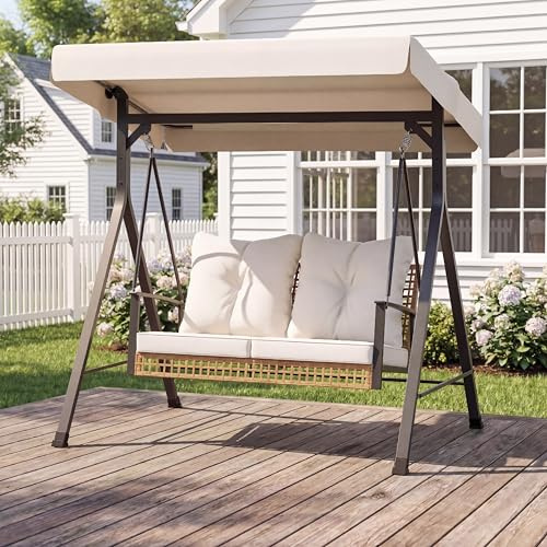 LAUSAINT HOME Porch Swing with Stand, 2 Person Wicker Patio Swing Chair with Adjustable Canopy & Thick Cushions, Heavy Duty Rattan Outdoor Swing for Garden, Backyard, Deck, Beige