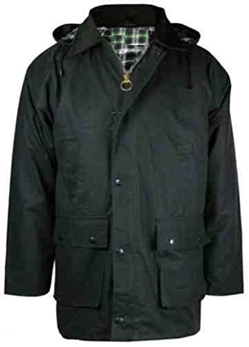 New Mens Waxed Cotton Padded Jacket Coat with Hood Outdoor Countryside Oiled Fishing Hunting Shooting Farming Riding Check Lining (Olive Large)