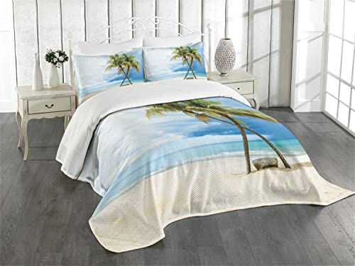 ABAKUHAUS hawaiisch Tagesdecke Set, Strand-Palmen-Felsen, Set mit Kissenbezügen Klare Farben, für Doppelbetten 264 x 220 cm, Grün Blau