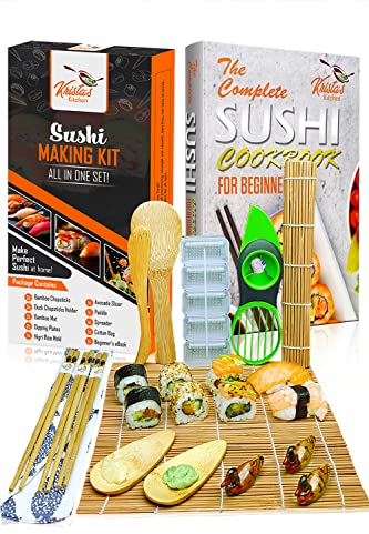 Sushi Making Kit – Sushi Maker Set with Bamboo Rolling Mat - Make Your Own Sushi at Home - 14pcs All In One 2 Mats, 3 Pairs Chopsticks, Paddle, Spreader, Rice Mold, Avocado Slicer with Beginners Book