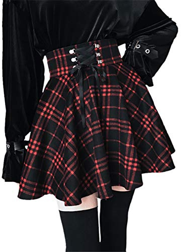 SIPEIEN Dames Plaid Une ligneJupe Gothique Taille Haute Short évasé plissé Mini Patineur Jupe Rouge L