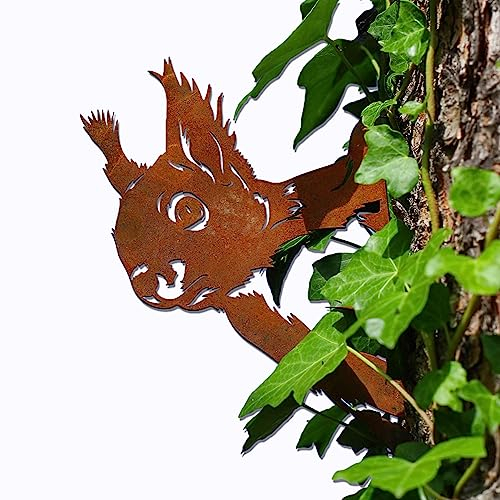 Steelmonks Gartendeko aus Rost: Eichhörnchen Baumstecker aus Cortenstahl – Langlebige Rostfigur für den Außenbereich, Kunstvolle Metall Gartenfigur