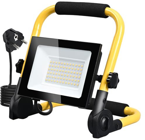 MOLVCE Led Baustrahler 50W 6000K 4250LM Kaltweiß, Led Arbeitsleuchte mit Stecker, IP66 Wasserdicht Baustellenlampe mit Stativ und 3 Meter Kabel für Baustelle, Garage, Werkstatt, Sportplatz