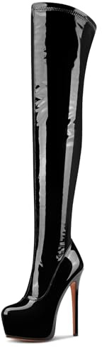 Aachcol au-dessus du Genou Aiguille Bottes Plate-forme Bottes Cuisses Rond Bout Fermeture à Glissière Sexy Haut High Talon Heel Bottes 15 CM Heels Noir 43 EU