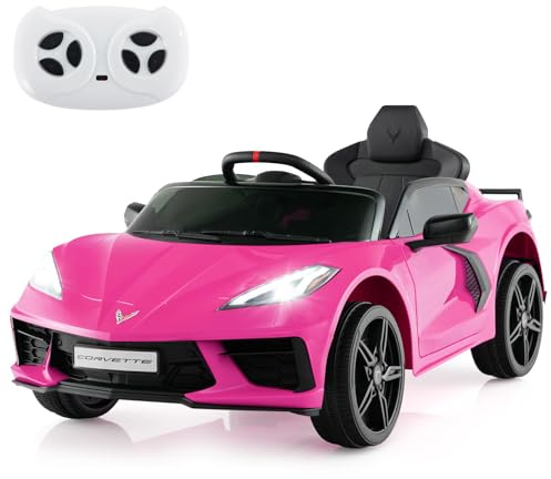 COSTWAY 12V Electric Kids Ride on Car, Licensed Chevrolet Corvette 2 Motors Toy Car with Remote Control, Wireless Connection, Lights, Horn, Music, Gift for Boys Girls Aged 3+ (Pink)