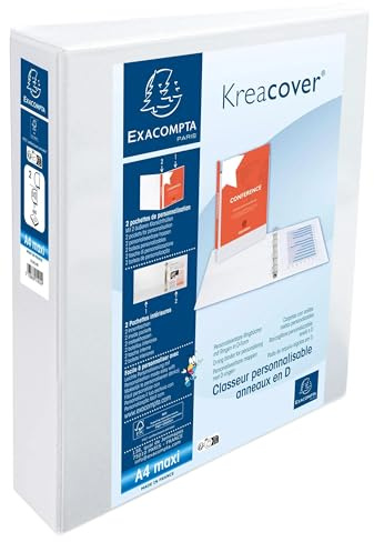 Exacompta - Rif. 51924E - Cartone da 10 raccoglitori personalizzabili, 2 tasche, 2 anelli a D da 50 mm, dorso 75 mm, dimensioni esterne: 32 x 29,5 cm, formato A4 Maxi bianco