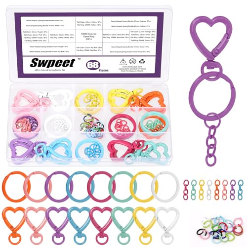 Swpeet Llaveros con mosquetón, 68 piezas, 8 colores, en forma de corazón, con llavero, anillos abiertos y llaveros, cierres de resorte giratorios de metal para bricolaje