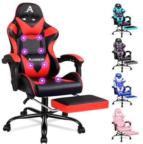 ALFORDSON Spelstol med 8-punkts massagefunktion röd | Cadeira Gamer i ERYX-serien, ryggstöd och nackstöd, 360° vridbar, lutande ryggstöd upp till 150°