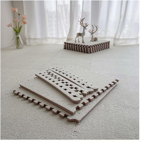 Lot de 10 Tapis de Sol Puzzle carrés 30 x 30 cm, en Peluche Courte, à emboîter, épais, avec Bordure, for décoration d'intérieur(Beige)