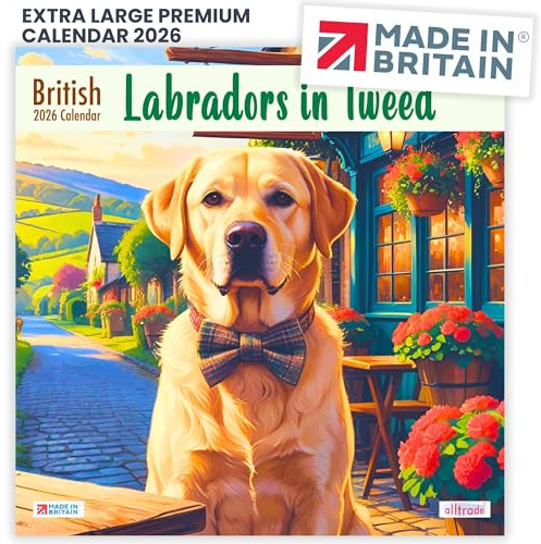 ALLTRADE Calendar 2026 funny dog gift cute Labradors In Tweed 2026 Calendar UK Holidays MADE IN BRITAIN® on FSC® stock great Gift for Mom Dad colleague friends & family