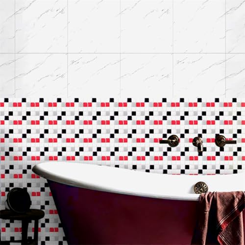 Exquisite Stick on Tiles 15X240CM Red Black Tile Stickers Transfers for Bathroom Kitchen,Peel and Stick Wall Stickers Self Adhesive Vinyl Waterproof Oil Proof Home Decor