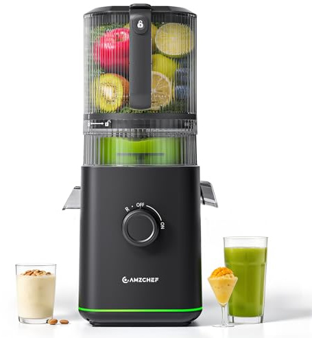 AMZCHEF Cold Press Juicer, Slow Masticating Juicer with 160mm Wide Feed Chute & 2.5L Large Hopper, 3-in-1 Juicer Machines with 2 Strainers(Juice, Nut Milk & Sorbet), Quiet Motor, Quick Release Design