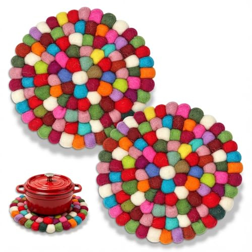 VETOLAKA Lot de 2 dessous de plat en feutre : Ø 20 cm, dessous de verre rond coloré en laine, dessous de verre en feutre, protège-table en feutre, dessous de verre pour tasses, casseroles, poêles et