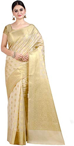Chandrakala Banarasi Saree for Women with Unstitched Blouse Piece Indian Wear, Beige (1105BEI)