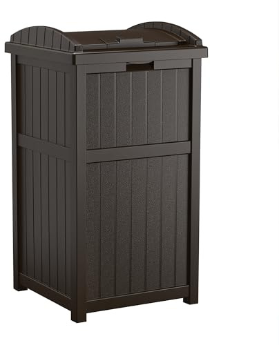Suncast 33 Gallon Durable Resin Hideaway Outdoor Garbage Can with Secure Lid and Wicker Design for Home Backyards, Decks, or Patios, Java Brown