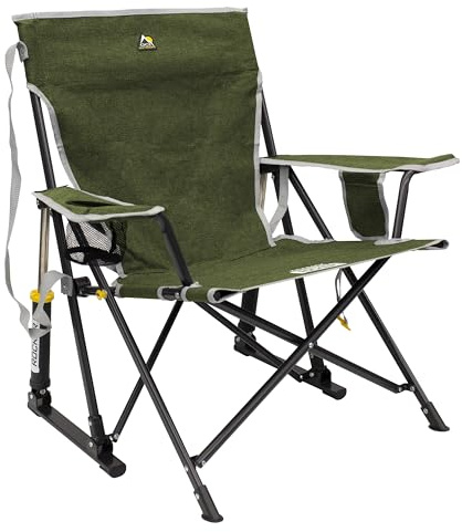 GCI Outdoor Kickback Rocker Camping Chair | Portable Folding Rocking Chair with Durable Armrests, Drink Holder & Relaxed Lowered Seat for Comfort — Loden Green