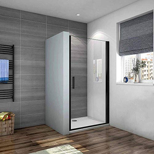 Porta Doccia Battente Per Nicchia Vetro Trasparente 8mm Telai Nero Opaco Doccia a Filo Pavimento 90x200 cm