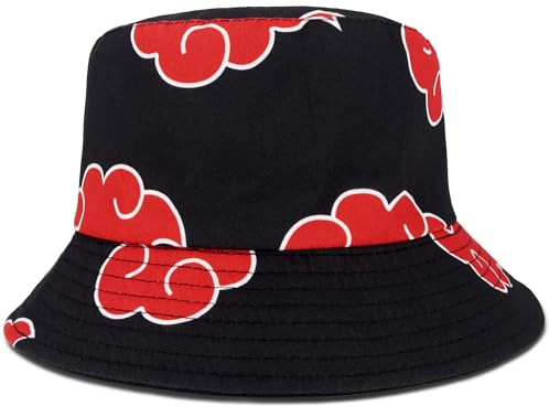 Roffatide Anime Sombrero de Pescador para fanáticos de Anime Naruto Akatsuki Red Cloud Estampado Completo Sombrero de Cubo Reversible de Doble Cara Negro