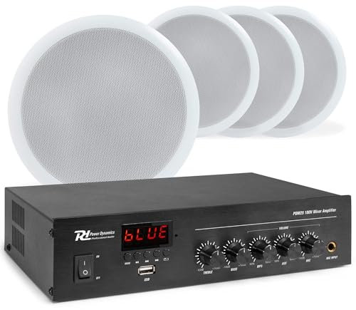 Power Dynamics - Pack de Sonido 100V con 4 Altavoces de Techo de 5 Blancos, Amplificador Bluetooth PDM25, Radio FM, MP3 USB y 50m de Cable. Ideal para oficinas, Tiendas, restaurantes, oficinas, etc.