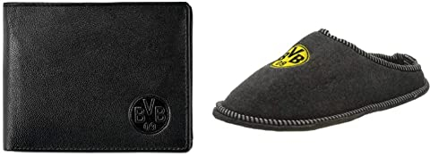 Borussia Dortmund, BVB-Ledergeldbörse, Schwarz, 0 & Unisex Bvb-Filzpantoffeln Hausschuh, Grau Silbergrau, 46 47 EU