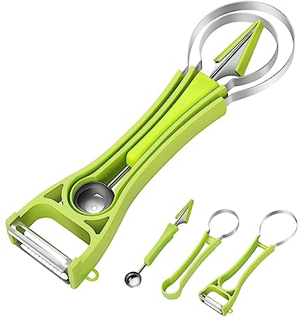 SacJkt Melonenschneider, Edelstahl Melonenausstecher Kugeln, Freietaube multifunktions-küchenwerkzeug, 3-in-1 Obstwerkzeug Set für DIY-Obstsalate(Grün )