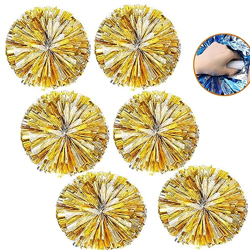 6 STK Pom Poms Cheerleading, Cheerleader Pompoms, 12 Zoll Metallic Cheerleading Pompoms, Cheer Poms mit Griff, Cheerleader Pompons Handblumen Für Sport Tanz Jubelnde Kinder Erwachsene (Gold+Silber)