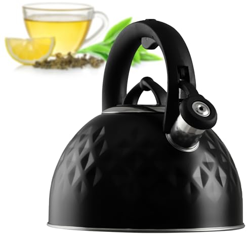 KADAX Wasserkessel aus Edelstahl, Emaillekessel mit Griff, Teekessel, Retro Wasserkocher für alle Herdarten, Teekocher, Flötenkessel, Pfeifkessel (Schwarz 2,5 L)