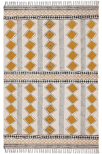 CASAVANI Tappeto kilim fatto a mano, in cotone, color beige dorato, facile da lavare, a trama piatta, per camera da letto, tavolo da pranzo quadrato, 3 pezzi