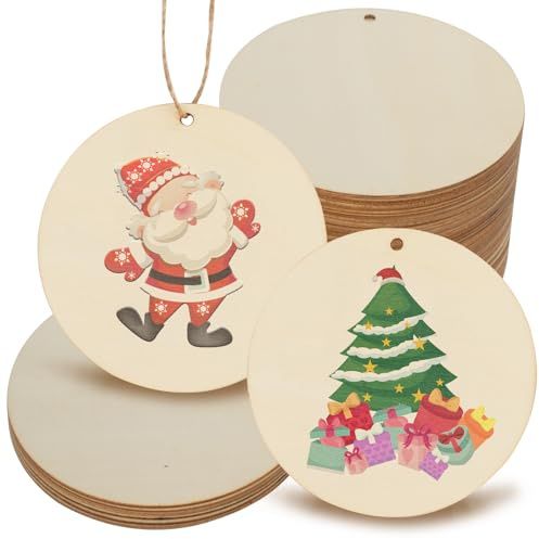 CUWELT 48Pcs 10cm Large Wooden Circles with Drilled Holes, 4 inch Unfinished Wooden Discs with Jute Twine for Crafts, Blank Wood Slices Round, Natural Wood Log for Gift Tag DIY Ornament