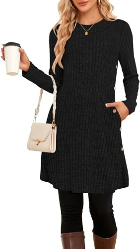 SENBATU Jumper Dress Ladies Long Sleeve Dresses for Women UK Side Buttons Tunic Dress with Pockets Black Medium