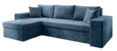 Luxusbetten24 Designer Sofa Denver mit Stauraum und Schlaffunktion | Bezug: Cord | Farbe: Blau | Stellvariante: Links