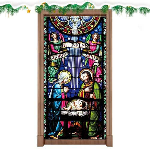 Feliz Navidad Puerta Cubierta – 90 x 200 cm Pancarta de Belén de invierno, fondo de tela de noche sagrada | Decoraciones festivas para puertas de casa, accesorios de fiesta de vacaciones para fiestas