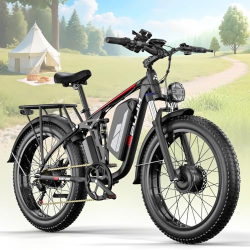 PUJH 6000W Dual Motor Electric Bike for Adults,60V 20Ah 26 Fat Tire Fast Ebike,45 mph up to 100 Miles,Class 3 Lockable Suspension Electric Bicycle for Snow Off Road Mountain Hunting Commuter E-Bike