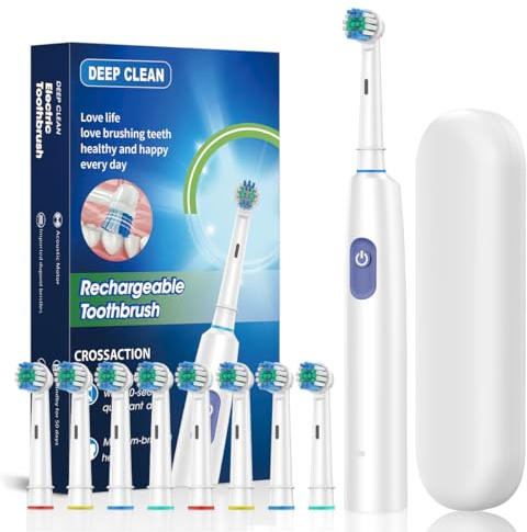 Spazzolino elettrico rotante a sospensione magnetica, 5 modalità di pulizia sonica, impermeabile, 8 testine e custodia per viaggi, campeggio, equitazione (bianco)
