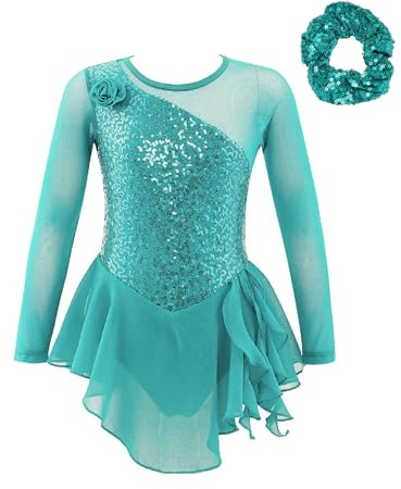 FEESHOW Bambine Bambina Abiti Pattinaggio Artistico Maniche Lunghe Pattinaggio A Rotelle Abito da Danza Paillettes tutù Body da Danza con Gonna Abbigliamento da Verde Menta 9-10 Anni