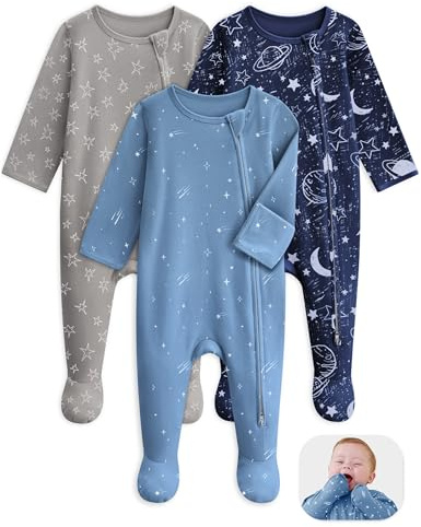 Unnivoll Baby Pajamas 100% Cotton Baby Sleepers for 0-3 Months 3Pcs Footie Pajamas Baby Boys Girls Clothes, Soft Infant Footed PJs with Mitten Cuffs, Two Way Zipper, Long Sleeve