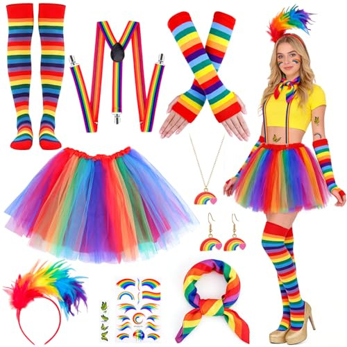 SelfTek Disfraz de carnaval arco iris para mujer, 9 unidades, disfraz de carnaval para mujer, con falda multicolor, guantes, calcetines, diadema, bufanda, pendientes, collar, pegatinas para carnaval